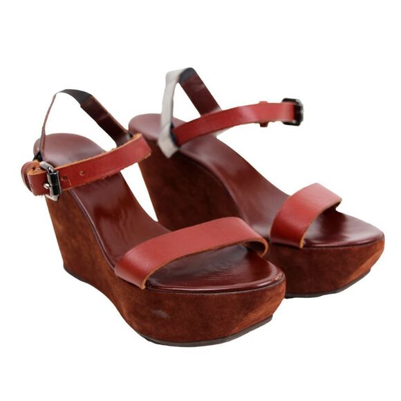 Acne Italy BROWN SUEDE SILVER LEATHER OPEN TOE HIGH HEEL WEDGE SHOES Sz 40 9.5 - Picture 1 of 10